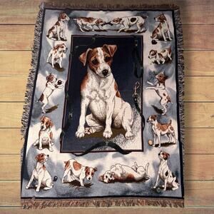 Vintage Woven Tapestry Throw Blanket Jack Russell Terrier Dog Design 68x52”